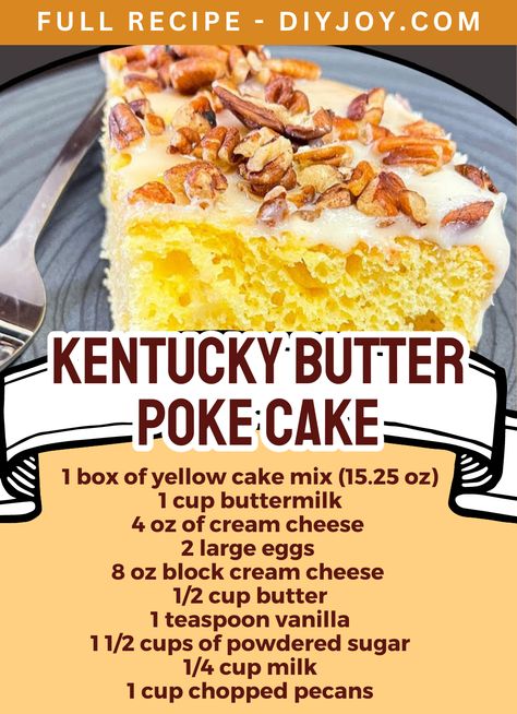 Kentucky Butter Poke Cake via @diyjoycrafts Float Recipes, Southern Desserts, Poke Cake Recipes, Poke Cakes, Cake Walk, Poke Cake, Yellow Cake Mixes, Toasted Pecans, Chopped Pecans