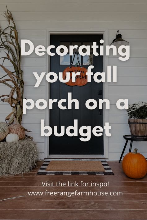 Front porch decorated with a cornstalk, pumpkins, bale of hay, and a mum. Porch Decor On A Budget, Wraparound Porch, Fall Porch Decor, Decor On A Budget, Fall Decorations Porch, Fall Is Here, Fall Porch, Porch Decor, My Favorite Things