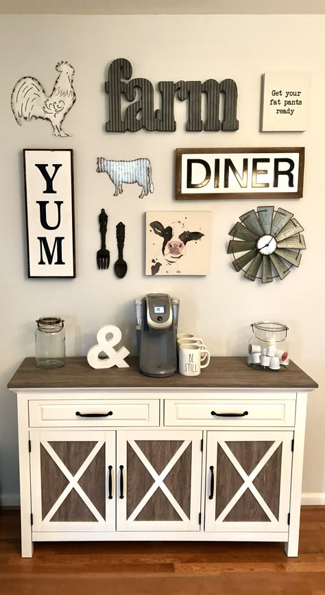 Rustic Farmhouse Gallery Wall Ideas, Farmhouse Wall Pictures, Rustic Farm Kitchen Decor, Farmhouse Wall Kitchen Decor, Picture Wall Ideas For Kitchen, Country Coffee Bar Ideas, Farmhouse Kitchen Wall Collage, Rustic Farmhouse Kitchen Wall Decor, Galvanized Farmhouse Decor