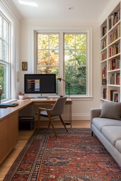 Modern Home Office Ikea, Working Room Aesthetic, Office Room With Library, Office Interior Design With Sofa, Built In Window Seat Living Room, Built In L Desk, Home Office Before And After, Country Study Room, Small House Interior Design Living Rooms