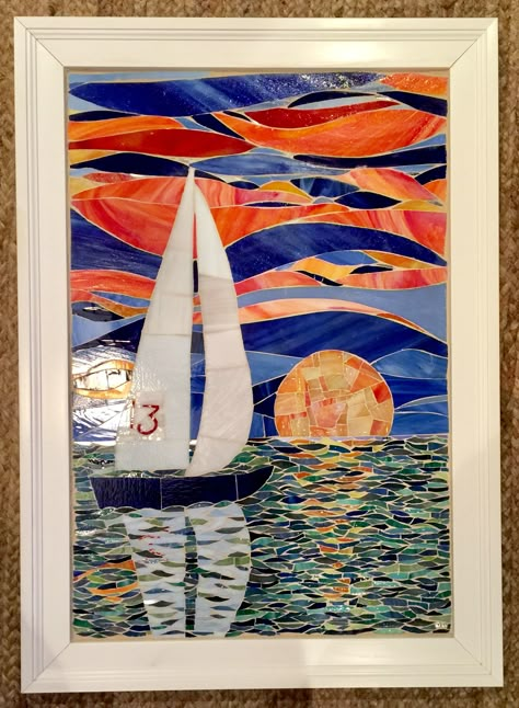 Mosaic Sunset Ideas, Sunset Mosaic Art, Sailboat Mosaic, Mosaic Sailboat, Mosaic Sunset, 49th Anniversary, Mosaic Art Supplies, Stained Glass Mosaic Art, Sailboat Art