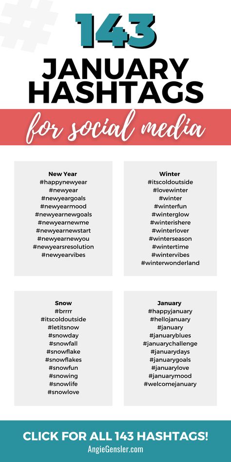 Wondering what hashtags to use on social media in January? This complete list of hashtags will provide you with over 140 popular hashtags to use on Instagram throughout January. These hashtags can also work on other social media channels like X, Facebook, LinkedIn, and TikTok. #socialmediamarketing #instagramhashtags #angiegensler Hastag Instagram, Social Media Hashtags, List Of Hashtags, Hashtag Strategy, Linkedin Tips, Facebook Tips, Popular Hashtags, Twitter Tips, Pinterest Marketing Strategy