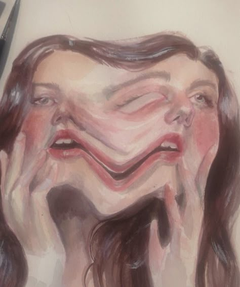 melting face, drawing, water colour/aquarell Smudged Face Art, Faces Merged Together Art, Faces Morphed Together Art, Faces Melting Together Art, Disturbing Drawings Aesthetic, Merged Faces Art, Droopy Face Drawing, Melting Person Art, Ripping Face Off Art