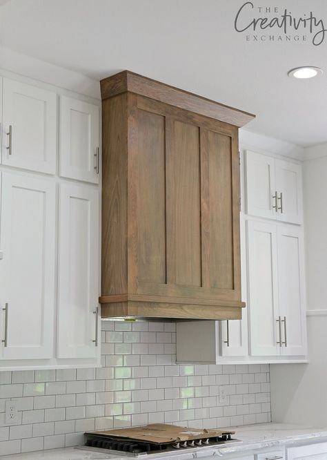 Cabinet Vent Hoods, Wood Trimmed Range Hood, Wood Cabinets White Range Hood, Wood Range Hood Cover White Cabinets, Wood Range Hood White Cabinets, Box Wood Range Hood, Wood Hood White Cabinets, Corbels Over Kitchen Sink, Wood Vent Hood Gray Cabinets