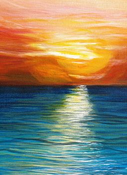 Close up of K. Conover's acrylic painting: "Beach Sunset" 2012. (24 x 30) SOLD.  Water painting of the sun's reflections at sunset Sunset Beach Pictures, Black Canvas Paintings, Canvas For Beginners, Painting Beach, Canvas Painting Ideas, Simple Acrylic Paintings, Sunset Art, Wow Art, Ocean Painting