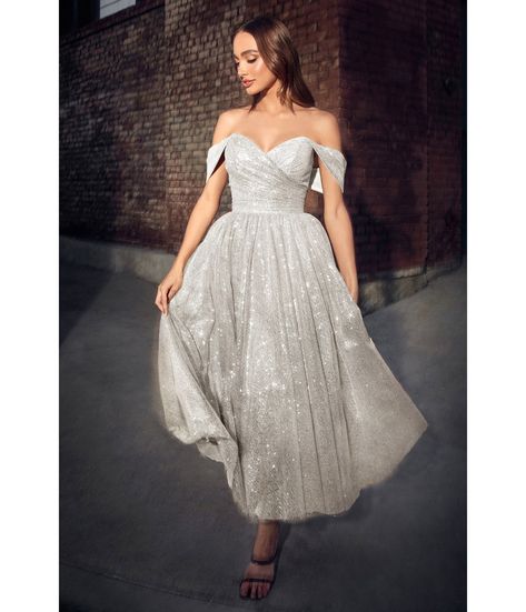 Silver Glitter Off The Shoulder Tea Length Gown - Unique Vintage - Womens, DRESSES, PROM AND SPECIAL OCCASION Tea Length Skirt, Cinderella Divine, Tea Length Wedding, Rehearsal Dinner Dresses, Unique Prom Dresses, Dress Drawing, Tea Length Wedding Dress, Wedding Dress Accessories, White Off Shoulder