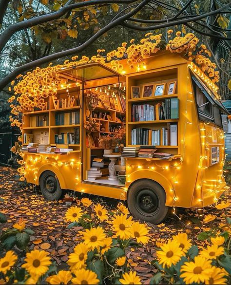 Mobile Bookstore Trailer, Mobile Bookshop, Mobile Bookstore, Book Van, Book Truck, Orange Cafe, Book Carts, Moving Books, Cottage Core Art