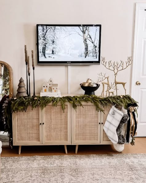 Neutral Christmas Tv Stand Decor, Christmas Decor On Tv Console, Tv Console Holiday Decor, Minimalist Christmas Decor Tv Stand, Garland For Tv Stand, Christmas Console Table Decor Under Tv, Tv Christmas, Tv Stand Holiday Decor, Decorating Tv Console For Christmas