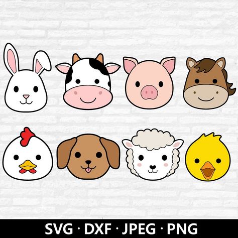 Illustrated Farm Animal Designs Farm Animals Face Painting, Pig Face Printable, Farm Animal Faces Printable, Chicken Images Clip Art, Easy Farm Animal Drawings, Farm Animal Face Paint, Animal Faces Drawing, Cow Face Drawing, Cartoon Cow Face