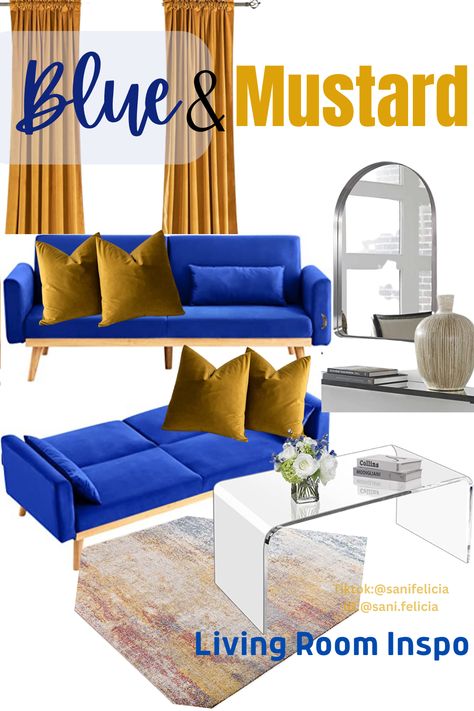 Living Room Ideas Blue, Blue And Mustard Living Room, Mustard Living Room, Room Ideas Blue, Mustard Decor, Mustard Living Rooms, Blue Sofas Living Room, Blue Sofas, Brown Mustard