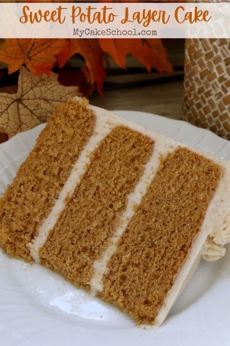 Moist, delicious, and flavorful Sweet Potato Layer Cake! A wonderful blend of spices and sweet potato flavor, with cinnamon cream cheese frosting! #sweetpotatocake #sweetpotato #yum Sweet Potato Layer Cake Recipe, Autumn Cake Decorating, Orange Spice Cake, Autumn Cakes, Personal Cakes, Sweet Potato Cake Recipe, My Cake School, Sweet Potato Pound Cake, Spiced Cake