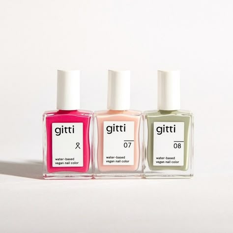 new gitti colors out now! pink, light pink and sage green nail polish colors. gitti is a new way to color your nails based on water and vegan ingredients. Green Tips, Nail Polish Bottles, Green Nail Polish, Base Coat, Nail Studio, Nail Polish Designs, Makeup Case, Green Nails, Nail Polish Colors