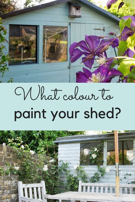 How to choose what colour to paint your shed Pretty Sheds Backyards, Outdoor Shed Paint Ideas, Painted Sheds Ideas Backyards, Colourful Shed, Painted Shed Ideas, She Shed Colors, Summerhouse Colours, Shed Colours Ideas, Painted Sheds Ideas Colour