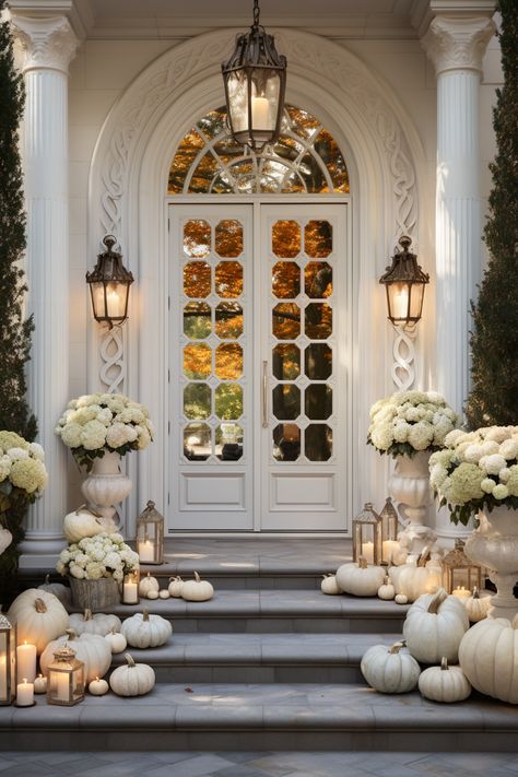 Quiet Elegance: White Pumpkins and the Art of Subdued Fall Decor – A Sparkly Life for Me White And Green Pumpkins Porch, Southern Fall Decor, Decorating With White Pumpkins, Pumpkin Porch Decor, Decorating With White, Pretty Porches, Fall Front Door Decor, Fall Container Gardens, Quiet Elegance