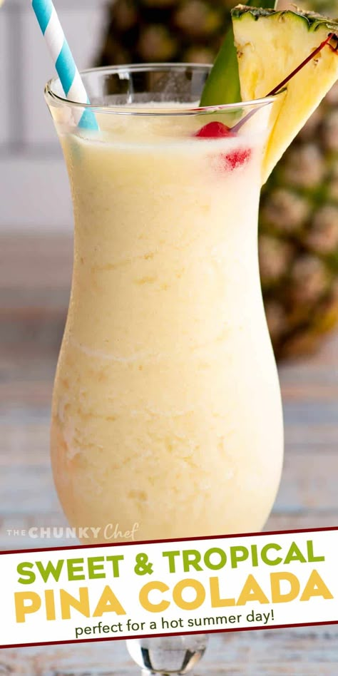 This Frozen Pina Colada is sweet, tropical, and perfect for a hot summer day! Easy to substitute with alternate rums, or even make it a virgin mocktail. #pinacolada #frozencocktail Adult Slushies Frozen Drinks, Piña Colada Virgin, Frozen Pina Colada Recipe, Virgin Mocktail, Pina Coloda, Piña Colada Recipe, Colada Drinks, Pina Colada Drinks, Frozen Pina Colada