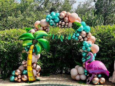 Balloon Arch Tropical theme. Chrome green & Rose gold Qualatex balloons. Tuftex Cameo #sanantonio #SATX #balloondecoration#TropicalTheme Palm Tree Balloon Arch, Beach Theme Balloons, Tropical Balloon Arch, Qualatex Balloons, Chrome Green, Event Decorations, Custom Balloons, Balloon Backdrop, Balloon Decor