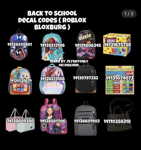 Book Bag Codes Bloxburg, Backpack Decal Codes Bloxburg, Bloxburg School Room Ideas, Bloxburg School Names, Bookbag Decals Bloxburg, Bloxburg School Supplies Decals, Backpack Decal Codes, Bloxburg Backpack Code Decal, Book Decal Codes Bloxburg