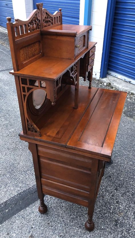 Beautiful Antique Victorian ornate desk secretary | Etsy Hobbitcore Desk, Vintage Desk Ideas, Drawer Flip, Victorian Style Furniture, Victorian Desk, Secretary Desk, Victorian Furniture, Scroll Work, Secretary Desks