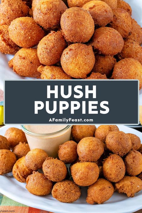 Hush Puppies - A Family Feast Vegan Hush Puppies Recipe, Easy Savory Appetizers, Homemade Hushpuppies, Easy Hush Puppy Recipe, Jiffy Mix Recipes, Family Feast Recipes, Hush Puppies Recipe, Feast Recipes, Jiffy Mix