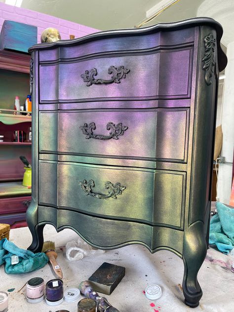 Tanglewood Sue's Original Furniture and Art – Tanglewood Works Whimsical Painted Dresser, Ideas For Painting Furniture, Bulky Nightstand Makeover, Unicorn Spit Dresser, Dark Painted Dresser, Rainbow Maximalist Decor, Whimsigoth Furniture, Repurposing Dressers, Current Furniture Trends