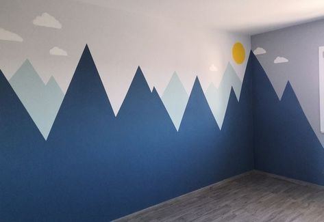 Kids Accent Wall Boys Bedroom, Geometric Mountain Mural, Kids Room Mountain Wall, Toddler Wall Paint Ideas, Mountain Painted Wall, Mountains Wall Painting, Wall Painting Ideas Bedroom Boys, Office Wall Murals Ideas, Toddler Room Wall Paint