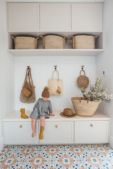 Mud Room Styling, Mudroom Ideas Entryway Board And Batten, Mud Room Seat, Drop Room Ideas, Fun Laundry Room Tile Floor, Drop Zone Living Room, Kitchen And Entryway Tile, Clean Boho Decor, Fun Flooring Ideas