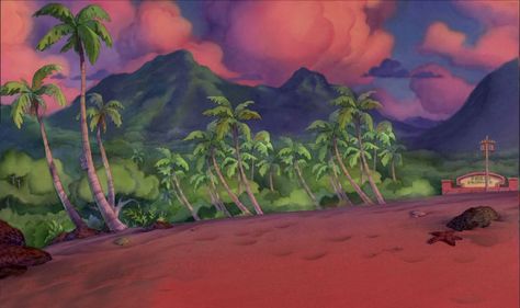 Lilo and Stitch Lilo And Stitch Macbook Wallpaper, Lilo And Stitch Landscape, Stitch Movie Scene, Lilo And Stitch Wallpaper Desktop, Lilo And Stitch Background Art, Lilo And Stitch Background, Hawaii 70s, Disney Scenery, Cartoon Scenery