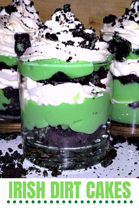 St. Patrick's Day Irish Dirt Cakes Recipe - Outnumbered 3 to 1 Irish Cakes, Dirt Cakes, Irish Dessert Recipes, St Patricks Food, Dirt Cake Recipes, Irish Desserts, St Patrick Day Treats, Dirt Cake, St Patricks Day Food