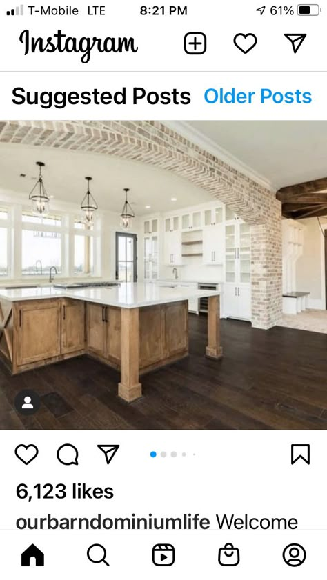 Brick Arches In Kitchen, Brick Between Kitchen And Living Room, Brick Archways In Homes, Farmhouse Stone Wall, Brick Columns With Wood Beam, Stone Archway In Kitchen, Brick Ceiling Kitchen, Brick Columns Interior Kitchen, Brick Accent Kitchen