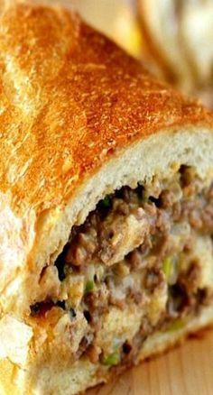 Crazy Bread, French Bread Recipe, Italian Deli, Sausage And Peppers, French Bread, Mushroom Soup, Creamed Mushrooms, Worcestershire Sauce, 2 Cups