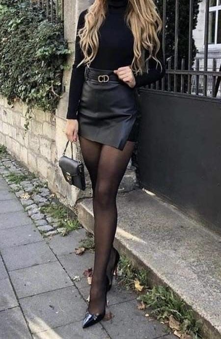 #fashion #style Black Sheer Stocking Outfit, Black Skirt With Nylons Outfit, Leather Skirt With Stockings Outfit, Short Skirt With Stockings Outfit, Black Stockings Outfit Party, Nylons Outfit Dresses, Sheer Stockings Outfit, Black Stockings With Skirt, Black Pantyhose Outfit