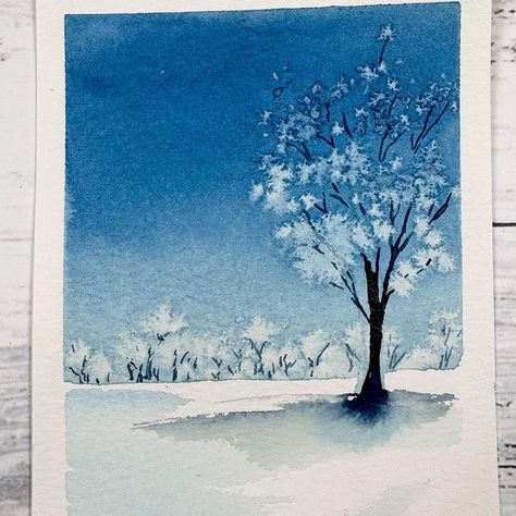 Emma Jane Lefebvre | Try this simple snow covered tree using watercolour and salt! Hope you enjoy it! #watercolor #watercolour #beginnerwatercolor... | Instagram Snow Landscape Watercolor, Winter Painting Watercolor, Emma Jane Lefebvre Watercolor, Winter Watercolor Simple, Watercolor Salt, Watercolor Snow, Snow Watercolor, Emma Jane, Winter Watercolor