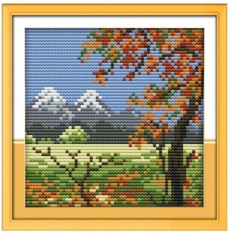 Autumn Field, Countryside Scenery, Autumn Cross Stitch Patterns, Crochet Dress Pattern Free, Fall Cross Stitch, River Painting, Painting Embroidery, Cross Stitch Landscape, Cross Stitch Thread