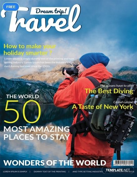 A modern cover page designed for a travel magazine. Download this template for free and get to use first-rate layout, photo, and graphic files. This is print and digital ready. Travel Magazine Cover, Printable Travel Journal, Travel Magazine Design, 80s Magazine, Travel Magazine Layout, Colorful Scrapbook, Illustration Magazine, Minimal Magazine, Cover Layout