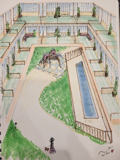 Today's quick sketch... communal apartment courtyard with private "lawns" for each unit to foster gatherings Public Courtyard Design, Curved Courtyard, Courtyard Architecture Concept, Courtyard Design Plan, Courtyard Sketch, Communal Apartment, Apartment Courtyard, Pavilion Ideas, Landscape Architecture Plan