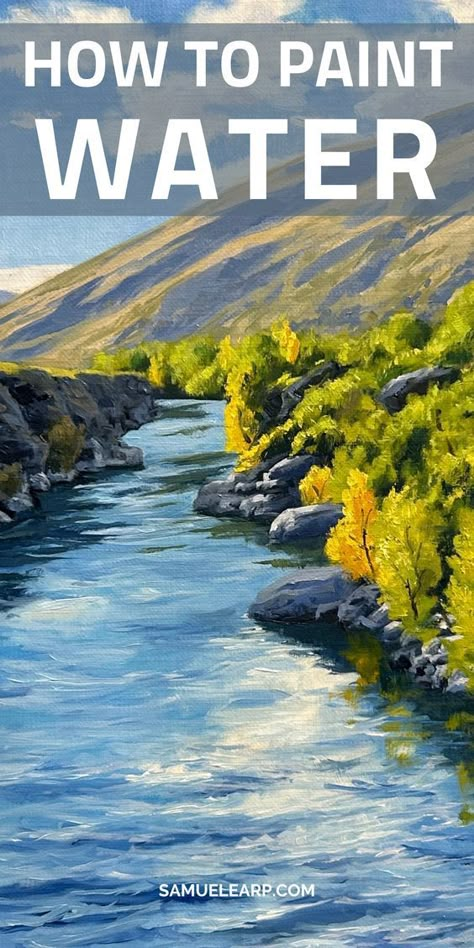 In this blog post I show you step-by-step how to paint water in a landscape inspired by a river in New Zealand. Throughout the painting demonstration I give you lots of tips and techniques for painting water and well as landscape painting in general. Suitable for oils and acrylics. #art #paintingwater #landscapeart #oilpainting #paint How To Draw River Water, River Oil Painting, How To Paint A River, Paint Water Tutorial, Acrylic Water Painting, How To Paint Landscapes, How To Paint Water With Acrylic, River Painting Acrylic, Landscape Painting Techniques