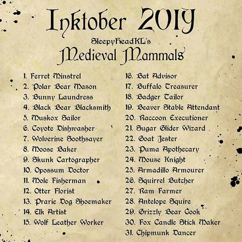 I’ll be doing Medieval Mammals for #Inktober !! ⭐️ #inktober2019 #inktoberprompts #promptlist #medievalmammals Inktober Prompts, Sketchbook Prompts, Day Art Challenge, 30 Day Art Challenge, Art Journal Challenge, Prompt List, Drawing Challenges, Journal Challenge, Art Journal Prompts