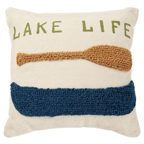 Lake Life Raised Hooked Pillow Shop Mud Pie Now! | Mud Pie Ski House Bedroom, Lake Bedroom Ideas, Lake House Party, Lake House Airbnb, Small Lake Cottage, Lake Embroidery, House Party Decor, Lake Life Decor, Lake Cottage Decor