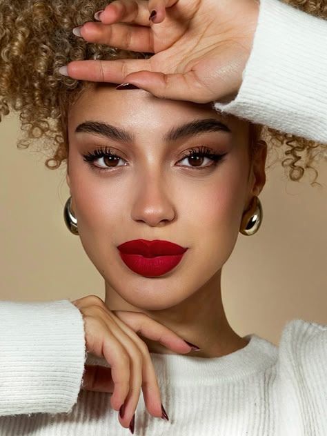 Wedding Makeup Mixed Women, Black Woman Red Lipstick, Soft Red Lip, Curly Hair 3c, Red Lipstick Outfit, Simple Photoshoot, 3c Curls, Red Lipstick Makeup Looks, Hairstyle Simple