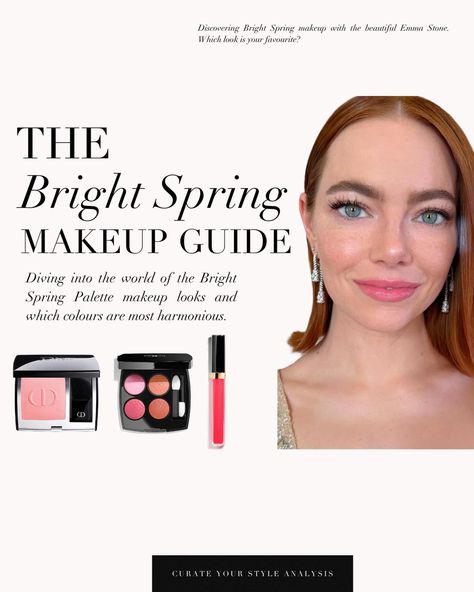 A Bright Spring makeup guide with the lovely Emma Stone 🤍 . #coloranalysis #colouranalysis #springpalette #brightspring #emmastone Bright Spring Makeup Products, Emma Stone Bright Spring, Bright Spring Makeup Palette, Bright Spring Eyeshadow, Bright Spring Color Palette Makeup, Warm Spring Makeup Looks, Clear Spring Makeup, Bright Spring Palette, Bright Spring Makeup