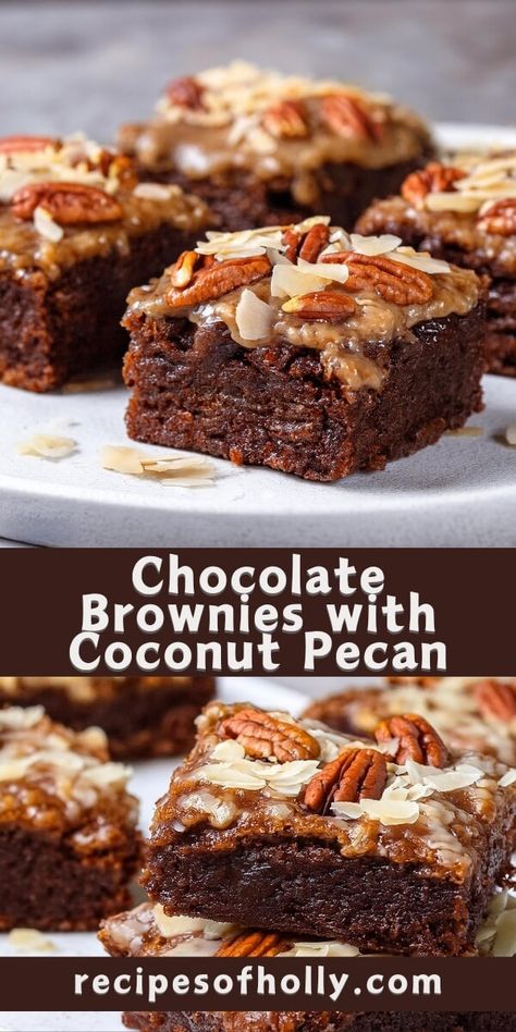 Whenever you crave a rich and chewy treat, these Chocolate Brownies with Coconut Pecan bring together fudgy chocolate and a crunchy, sweet coconut pecan topping for a decadent dessert experience. Coconut Brownies Recipe, Chocolate And Coconut Desserts, Brownies With Pecans, Brownies With Coconut, German Chocolate Pies, Pecan Pie Brownies, Pecan Brownies, Pecan Chocolate, Pecan Topping