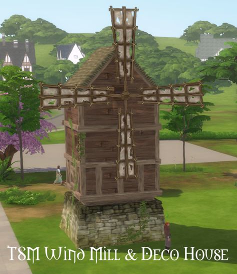 TSM Water Wheel Mill & Wind Mill - Deco Houses and Blades | Patreon Wind Mill, Medieval Houses, Window Light, Eco Living, Water Wheel, Romantic Garden, Sims 4 Houses, Medieval Fantasy, Sims 4 Mods