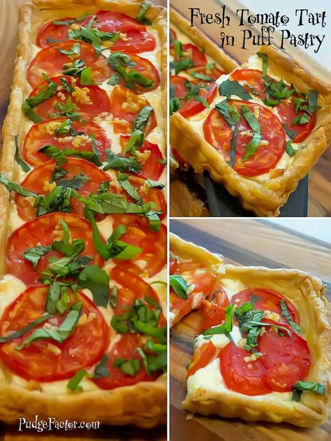 Fresh Tomato Tart is a luscious creamy based tart topped with flavorful garden fresh tomatoes in a flaky puff pastry crust. via @c2king Tomato Tart Puff Pastry, Puff Pastry Crust, Cheese Puff Pastry, Tomato Tart, Tomato Pie, Pastry Crust, Pastry Tart, Savory Tart, Puff Pastry Recipes