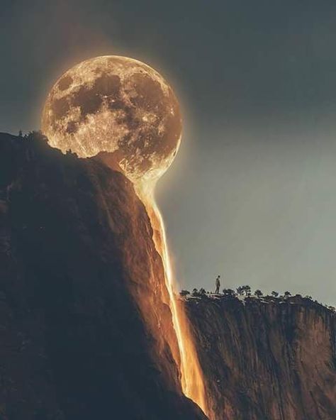 This is a full moon descending on Angel Falls, on the south side of Yosemite, just west of Sentinel Rock. For a few days each year, it appears as though the the moon is draining through the waterfall. Moon Pictures, In The Moon, Beautiful Moon, Jolie Photo, Alam Yang Indah, Moon Art, Cool Pics, Sun Moon, Amazing Nature