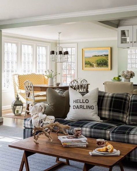 Modern Vintage Interior Design, Plaid Couch, Plaid Living Room, Summer Living Room Decor, Boston Living Room, Boston Interior Design, Plaid Sofa, Farmhouse Living Room Ideas, Summer Living Room