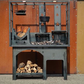 Steel Chiminea With Wood Store By Garden Leisure | notonthehighstreet.com Outdoor Kitchen On Porch, Outdoor Wood Burner, Bbq Backyard, Asado Grill, Fire Bricks, Pizza Oven Outdoor Kitchen, British Steel, Landscaping Backyard, Fire Basket