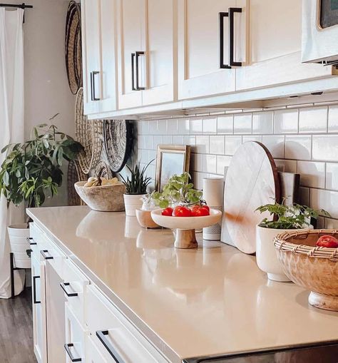 White Cabinets Tan Countertops, White Cabinets Beige Countertops, Beige Countertops Kitchen, Beige Countertops, Beige Kitchen Cabinets, Condo Inspiration, Cream Cabinets, Corian Countertops, White Tile Backsplash