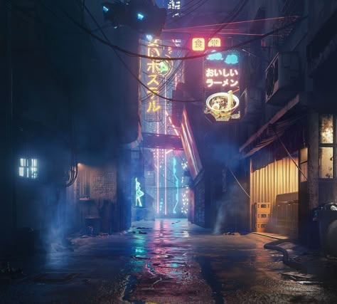 Lighting Exercise in UE4: Night-Time Alleyway with Neon Signs Cyberpunk Alley, Art Cyberpunk, Neon Noir, Sci Fi City, Cyberpunk Aesthetic, Cyberpunk City, Dark City, Arte Cyberpunk, Creative Stuff