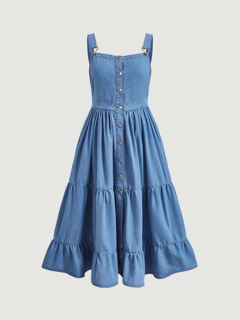 Soft Denim Dress, Jeans Frock For Women, Denim Frock, Denim Frocks For Women, Vestidos Jeans, Pinafore Dress Outfit, Jeans Frock, Denim Dress Style, Long Denim Dress