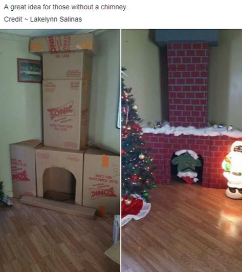 Fireplace and Chimney for Santa :) made with cardboard boxes and paper. Rustic Fireplace Mantel, Diy Christmas Fireplace, Grinch Decorations, Grinch Christmas Party, Rustic Fireplace, Whoville Christmas, Door Decorating Contest, Grinch Party, Tree Theme